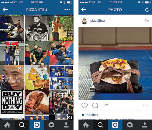 This is probably one of my favorite Instagrams to creep on, and an excellent example of an identifiable brand. A simple glance at @pizzajitsu’s Instagram and it is obvious that he is all about two things: jiu-jitsu and pizza.